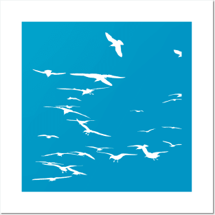 Happy Seagulls Flying In The Sky White Silhouette Posters and Art